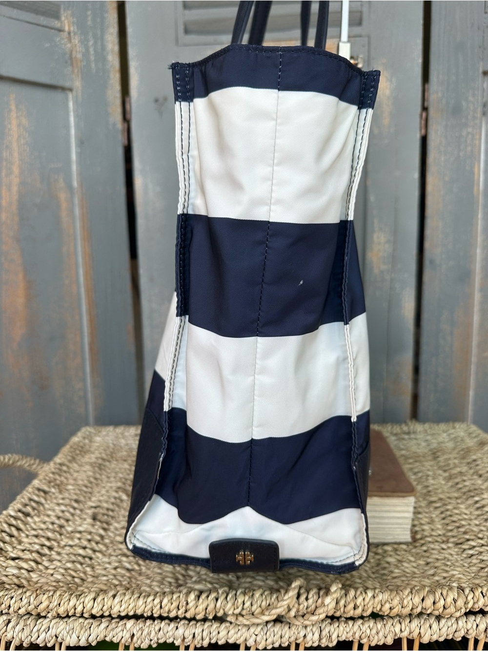 Tory Burch Ella Packable Nylon Tote Navy Bar Stripe - Picture 5 of 16